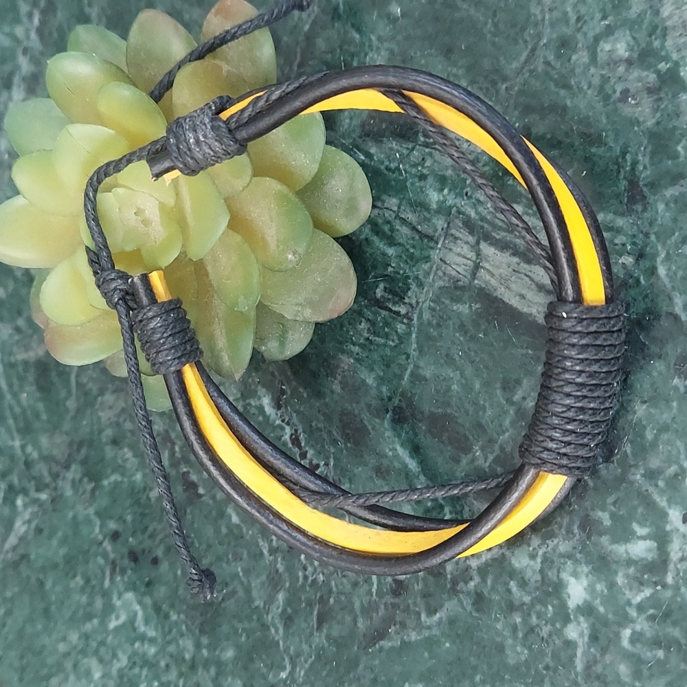 B919 Unisex Adjustable Yellow & Black Stacking Leather Bracelet